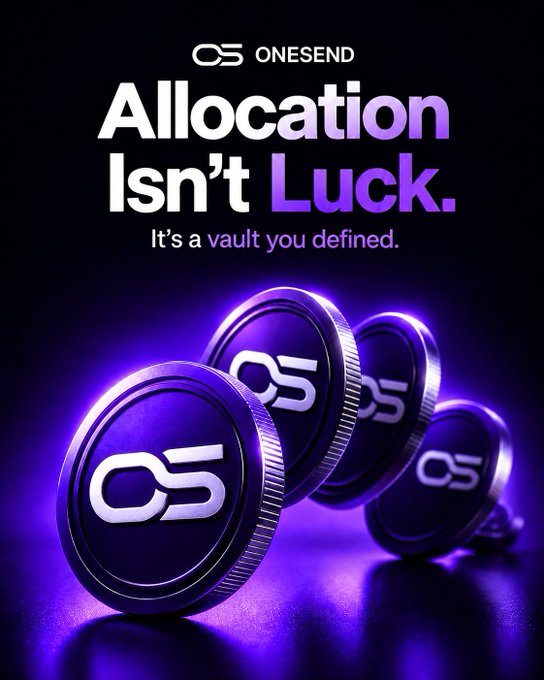 A promotional graphic for "ONESEND" with the tagline "Allocation Isn't Luck. It's a vault you defined," featuring glowing purple coins branded with the OS logo.