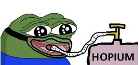 The image shows the Pepe the Frog meme character smoking a bong labeled "HOPIUM," which is internet slang for wishful or delusional optimism—often used to mock crypto investors hoping prices will recover. The caption aligns with the post's sarcastic tone, implying crypto investors are inhaling "hopium" as a coping mechanism following news of a cancer vaccine breakthrough, which ironically suggests their field (cancerous as it may be) isn't as hopeless as they feared.