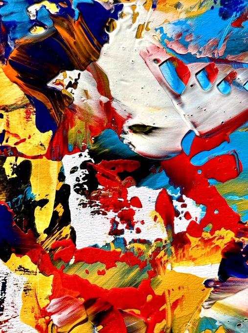 An abstract painting featuring thick, textured brushstrokes of red, blue, yellow, and white paint creating a chaotic, colorful composition.