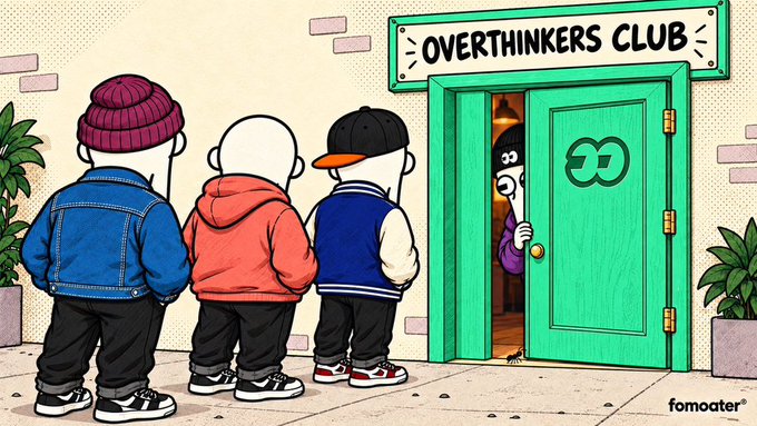 A cartoon illustration titled 'OVERTHINKERS CLUB' showing three figures with hats and jackets standing outside a green door, where a character peeks out from inside.