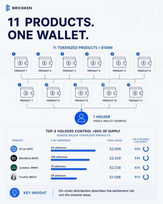An infographic from Brickken titled '11 PRODUCTS. ONE WALLET.' showing 11 tokenized products funneling to a single holder, with a chart revealing that the top-5 holders control >90% of supply across major products like Circle USYC, BlackRock BUIDL, Justoken JMWH, and Franklin iBENJI.