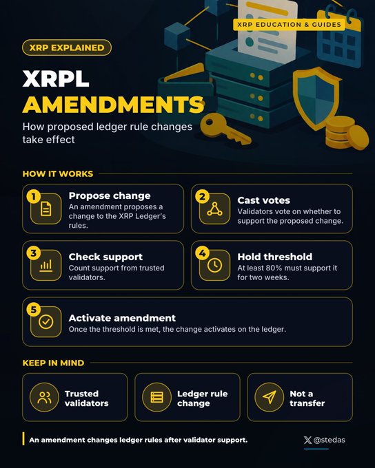 An infographic titled 'XRPL AMENDMENTS' explains how proposed ledger rule changes take effect, outlining a five-step process: propose change, cast votes, check support, hold threshold (80% support for two weeks), and activate amendment. It is labeled 'XRP EDUCATION & GUIDES' by @stedas.