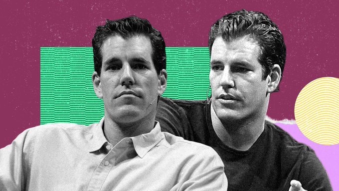 Two men with similar features appear in a stylized graphic with a magenta background and green patterned rectangles.