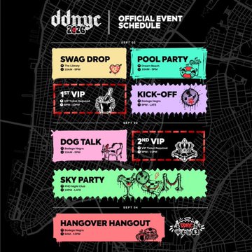 An 'oddnyc 2025' official event schedule displaying colorful ticket-style graphics for events including Swag Drop, Pool Party, 1st VIP, Kick-Off, Dog Talk, 2nd VIP, Sky Party, and Hangover Hangout.
