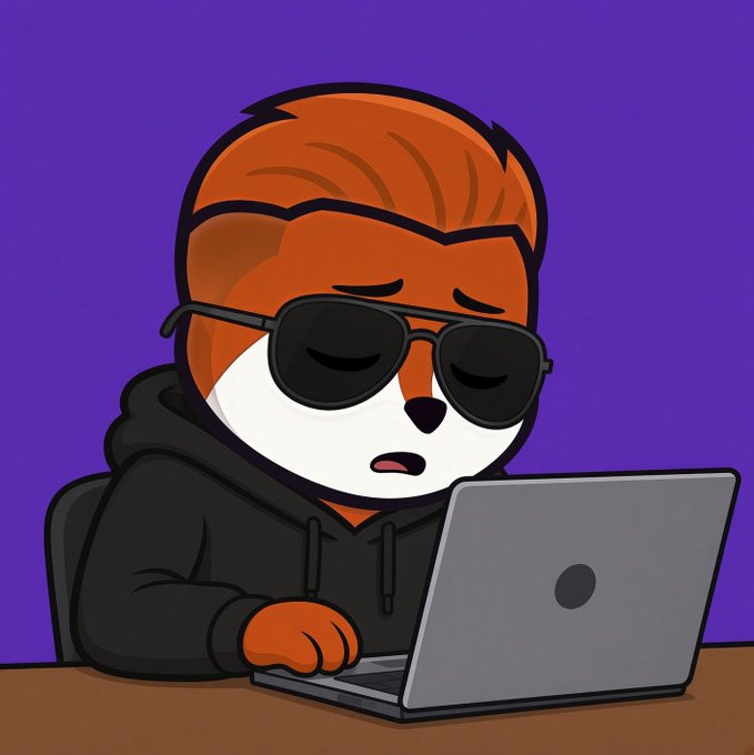 A cartoon illustration of an orange fox character wearing black sunglasses and a dark hoodie, looking tired while using a laptop against a purple background.