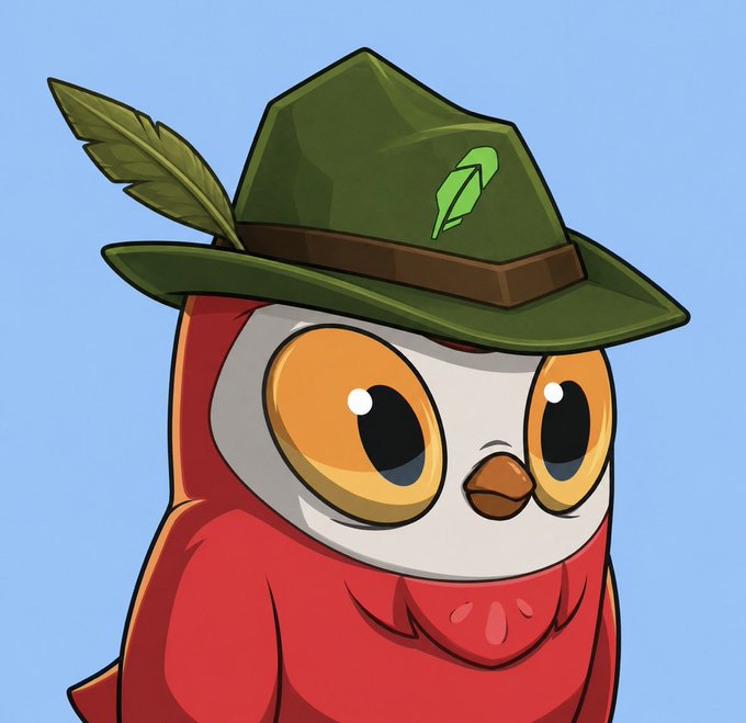 A cartoon owl character with large orange eyes, wearing a red outfit and a green forest ranger-style hat with a leaf emblem and feather, set against a blue sky background.