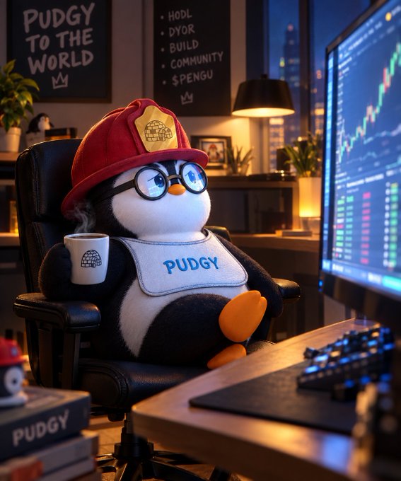 A Pudgy Penguin plush toy wearing a red fire hat and 'PUDGY' bib sits at a desk with a coffee mug, near a monitor displaying a crypto price chart.