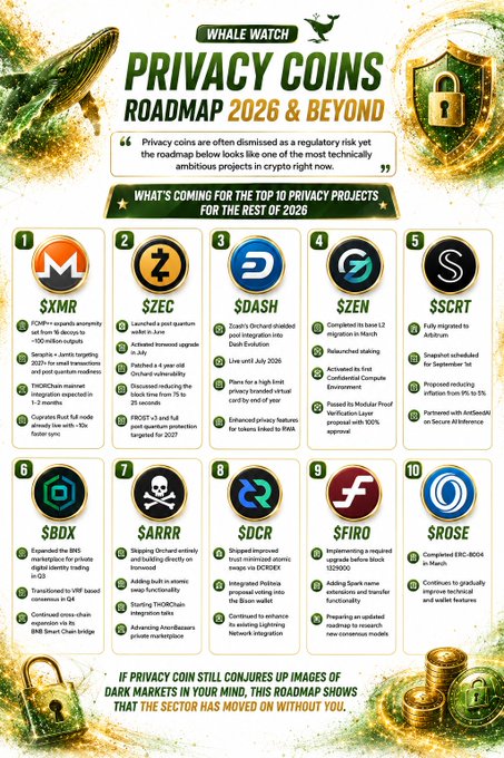 An infographic titled "WHALE WATCH: PRIVACY COINS ROADMAP 2026 & BEYOND" displaying the upcoming developments for the top 10 privacy projects—$XMR, $ZEC, $DASH, $ZEN, $SCRT, $BDX, $ARRR, $DCR, $FIRO, and $ROSE—throughout the rest of 2026, with the visible section highlighting $XMR's planned FCMP++ upgrade targeting a ~100 million anonymity set size by November. The post summarizes the image's message that despite regulatory concerns around privacy coins, the sector has ambitious technical roadmaps for the year ahead.