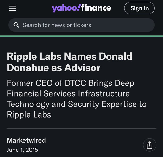 The image shows a screen of an iPhone with a Yahoo Finance app displayed on it, featuring a news article about Ripple Labs names Donald Trump as Advisor and DTCC bringing deep financial services infrastructure technology and security expertise to Ripple Labs.