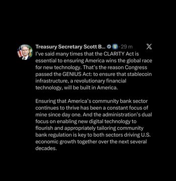 A Twitter/X post from Treasury Secretary Scott B... emphasizing the importance of the CLARITY Act for stablecoin infrastructure and ensuring America's leadership in the digital economy.