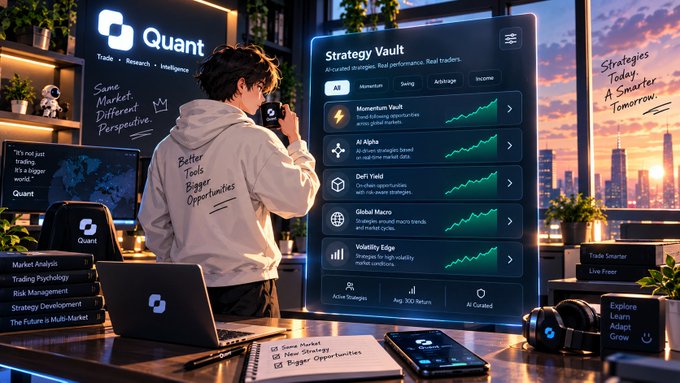 An AI-generated digital illustration depicts a person using a smartphone in front of a large floating interface labeled 'Quant' and 'Strategy Vault,' showcasing various trading strategies.
