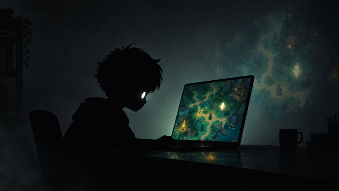 An anime-style illustration of a silhouetted figure with glowing eyes playing a video game on a laptop in a dark room, with the game's fantasy scene visible through the screen.