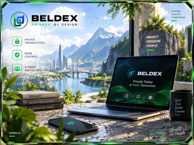 An advertisement for 'BELDEX' promotes 'PRIVACY. BY DESIGN.' and 'A Freer Digital Life,' showing a laptop displaying the Beldex logo in a scenic landscape with features like 'PRIVATE TRANSACTIONS' and 'MORE CONTROL'.