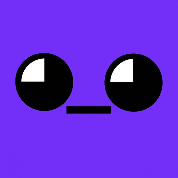 A minimalist graphic of a purple face with two large round black eyes (each featuring a white quarter-circle highlight) and a small black rectangular mouth.