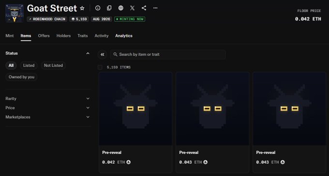The image shows the OpenSea listing page for the "Goat Street" NFT collection on the Robinhood Chain, featuring 5,159 items currently in "Pre-reveal" status at floor prices of 0.042, 0.043, and 0.043 ETH. This aligns with the post promoting a potential Cashmere Labs mint opportunity at a 0.04 ETH floor price.