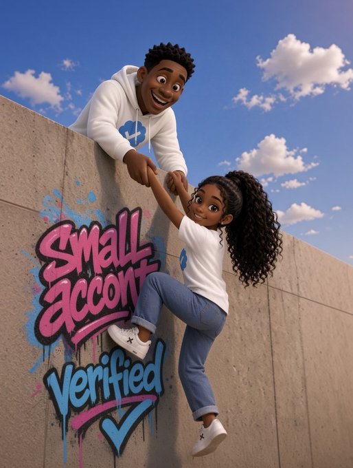 A 3D animated illustration shows a man helping a woman climb a concrete wall covered in graffiti that reads 'Small account Verified'.