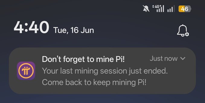 The image shows a phone screen with an email notification about a mining session that has ended. The message reads, "Don't forget to mine Pi!". The text also mentions that the mining session was just ended, and the user should come back to keep mining Pi!.
