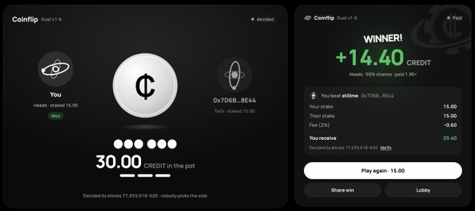 Two screenshots of a Coinflip betting game interface on a mobile app, showing a user winning a duel against '0x7D6B...8E44' and receiving '+14.40 CREDIT', with details including 150% chance and a 2% fee.