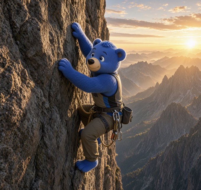 A blue cartoon-style bear wearing a climbing harness and tan pants scales a steep rocky cliff face at sunrise, with jagged mountain peaks stretching into the distance behind it.