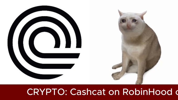 A graphic featuring a logo with concentric 'e' shapes, a white cat, and the text 'CRYPTO: Cashcat on RobinHood' on a red banner.