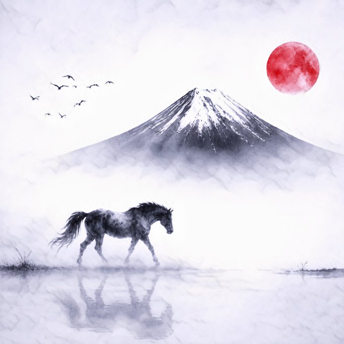 A misty watercolor scene depicts a lone dappled horse walking through shallow waters beneath a snow-capped Mount Fuji, with a striking red moon rising and a flock of birds flying overhead—the haunting, ethereal atmosphere perfectly complementing the contemplative title "Silent Passage."