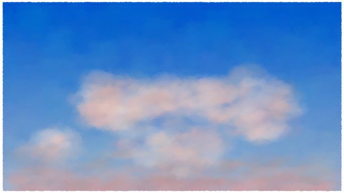 A soft, painterly rendering of a pink and white cloud floating in a blue sky with a subtle pinkish gradient at the bottom.