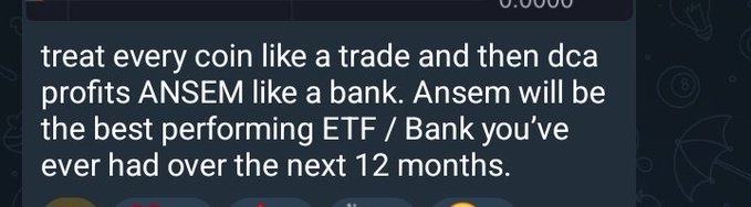 The image shows a text snippet reading "treat every coin like a trade and then dca profits ANSEM like a bank. Ansem will be the best performing ETF / Bank you've ever had over the next 12 months," which relates to the post by framing $ANSEM as a high-yield savings account where profits from other trades are reinvested.
