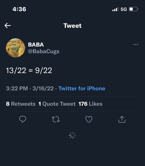 A tweet from @BabaCugs dated March 16, 2022 displaying the equation '13/22 = 9/22' with 8 retweets and 176 likes.