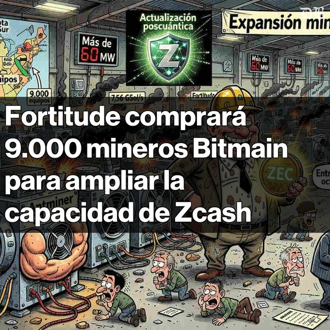 A Spanish-language illustration with the headline 'Fortitude comprará 9.000 mineros Bitmain para ampliar la capacidad de Zcash', depicting a cartoon miner holding a ZEC coin with miners working in the background.