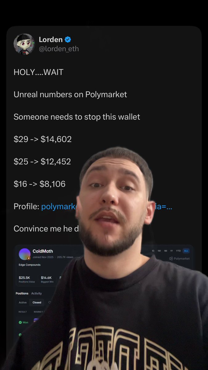 The image shows a man wearing a black t-shirt with a gold design, who appears to be making a funny face for the camera. The background of the image is dark, which contrasts with the light brown color of his shirt. There are also some numbers and text in the image that seem to be related to the post on Twitter about Polymarket.