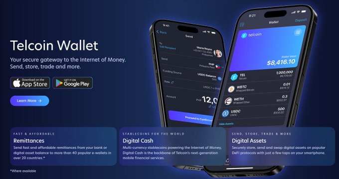 A promotional screenshot for the "Telcoin Wallet" app, highlighting features like Remittances, Digital Cash, and Digital Assets, with a total balance of $8,416.10 displayed.