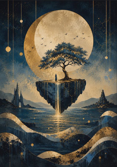A surreal fantasy illustration showing a figure standing beneath a tree on a floating island, with a large moon, waterfalls, and birds in the background rendered in gold and blue tones.