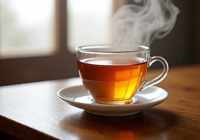 A glass cup of steaming tea sits on a white saucer atop a wooden table near a sunlit window.