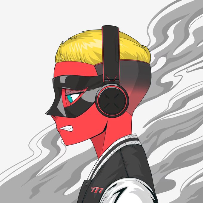 A profile illustration of a red-skinned character with blonde hair wearing black headphones, a black mask, and a varsity jacket marked with "777," visually representing the post's message of resilience and continued presence with a recognizable identity.