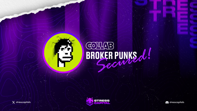 A purple-themed promotional graphic for a collaboration between 'COLLAB' and 'BROKER PUNKS Secured!' by Stress Capital, featuring a pixel art character in a yellow circle.
