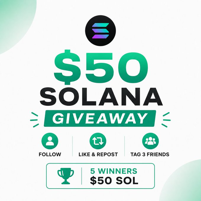 A '$50 SOLANA GIVEAWAY' promotional graphic with the Solana logo, instructing participants to follow, like & repost, and tag 3 friends for a chance to win.