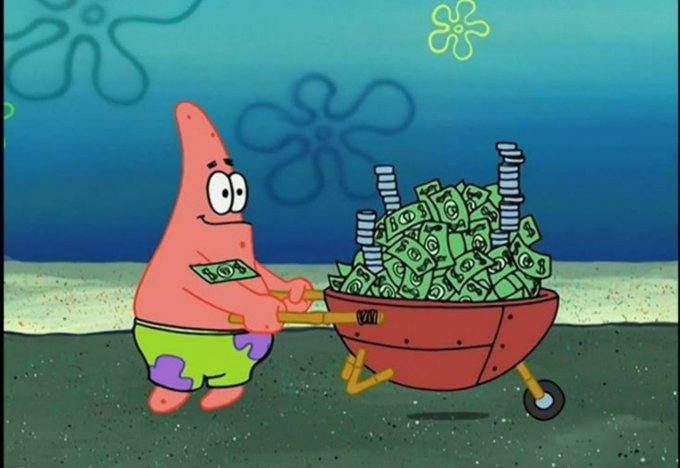 Patrick from SpongeBob SquarePants is pushing a grill full of cash, a fitting visual for the "Gm guys" post, implying a prosperous start to the day.