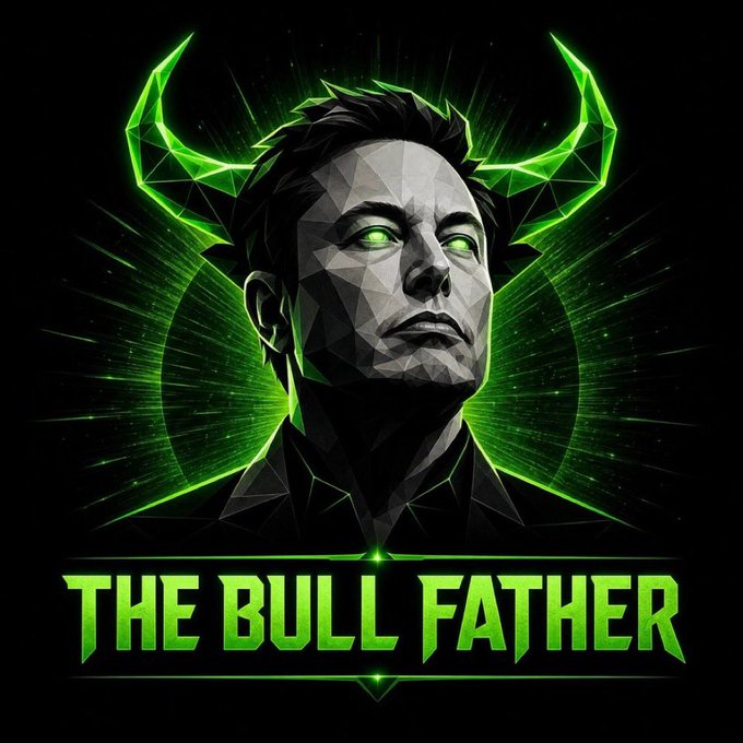 A stylized, geometric portrait of Elon Musk with glowing green eyes and bull horns against a black background, featuring the text "THE BULL FATHER" in bright green lettering at the bottom.

The image reinforces the post's meme narrative by depicting Musk as "The Bull Father," a mythical, powerful figure symbolizing his legendary market-moving influence and the community-driven, larger-than-life meme status of the $ELON token.