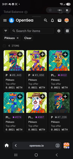 The image shows an OpenSea mobile interface displaying a collection of six Pikkazo NFTs with prices ranging from #412 to #9,443 WETH, each top offer shown as 0.0021 WETH. The geometric, cubist-style portraits with vibrant colors and deconstructed facial features directly reflect the post's description of the artwork being "fully deconstructed into geometric shapes" reminiscent of great artists.