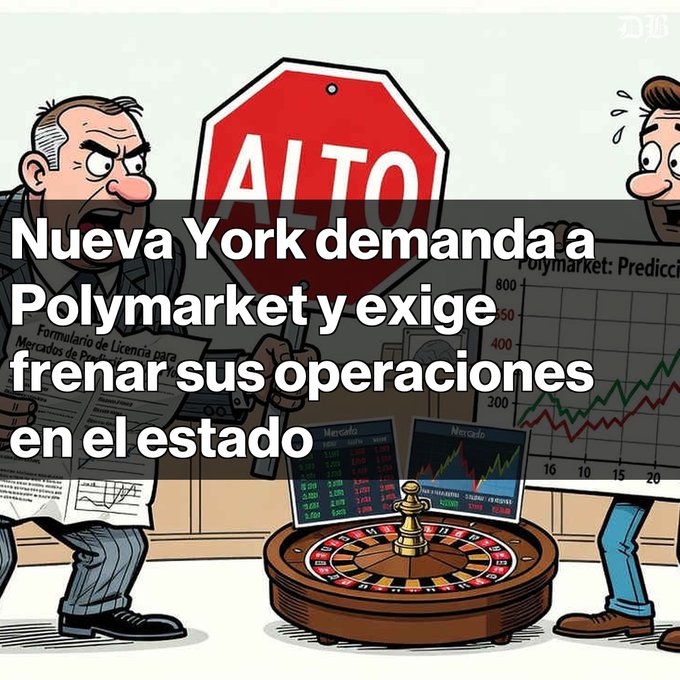 A Spanish-language cartoon illustration with text reading 'Nueva York demanda a Polymarket y exige frenar sus operaciones en el estado' (New York sues Polymarket and demands it stop operations in the state).