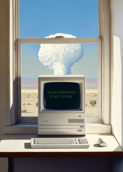 Surreal artwork showing a vintage desktop computer on a desk in front of a window with a view of a nuclear mushroom cloud over a desert landscape; the monitor displays 'THE ONLY WINNING MOVE IS NOT TO PLAY.'