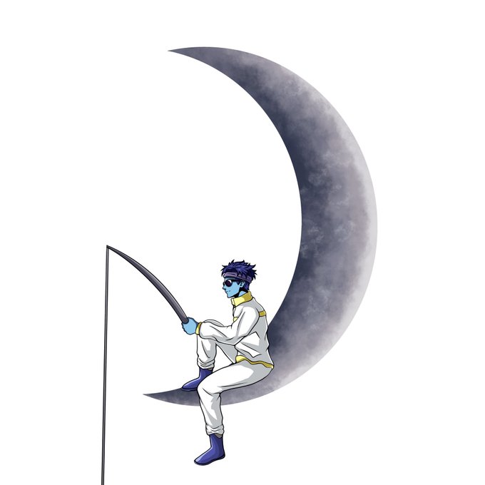 The image shows an anime-style character with blue skin and a headband sitting on a crescent moon while fishing off its edge, fitting the "goodnight friends" message as a whimsical goodnight scene suggesting they'll return to "onchain" activities during the day.