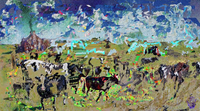A glitch-art style, pixelated and distorted image that appears to depict a herd of cows in a field with a barn, reminiscent of painterly landscapes.