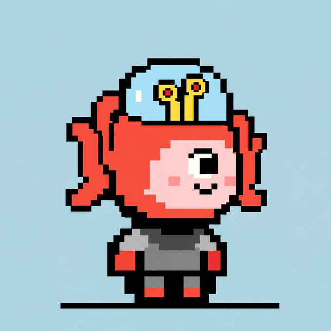 A pixel art character with red hair, large yellow eyes, and a cute smile standing on a small platform against a light blue background.