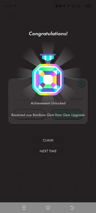 A mobile app screen displaying 'Congratulations! Achievement Unlocked - Received one Rainbow Gem from Gem Upgrade' with a colorful gem icon and buttons to claim or skip.