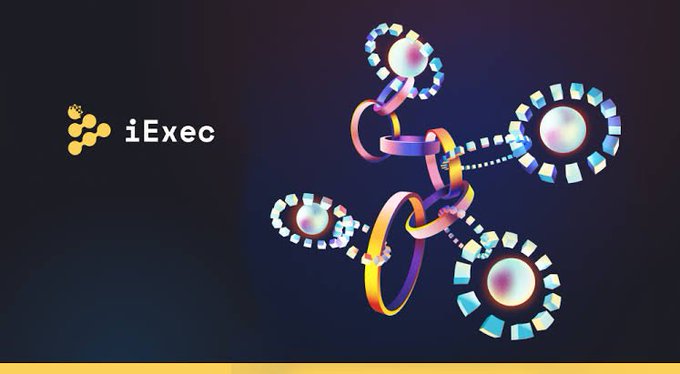 The 'iExec' logo displayed on a dark purple background next to a cluster of colorful, 3D-rendered interconnected rings and jeweled spheres.