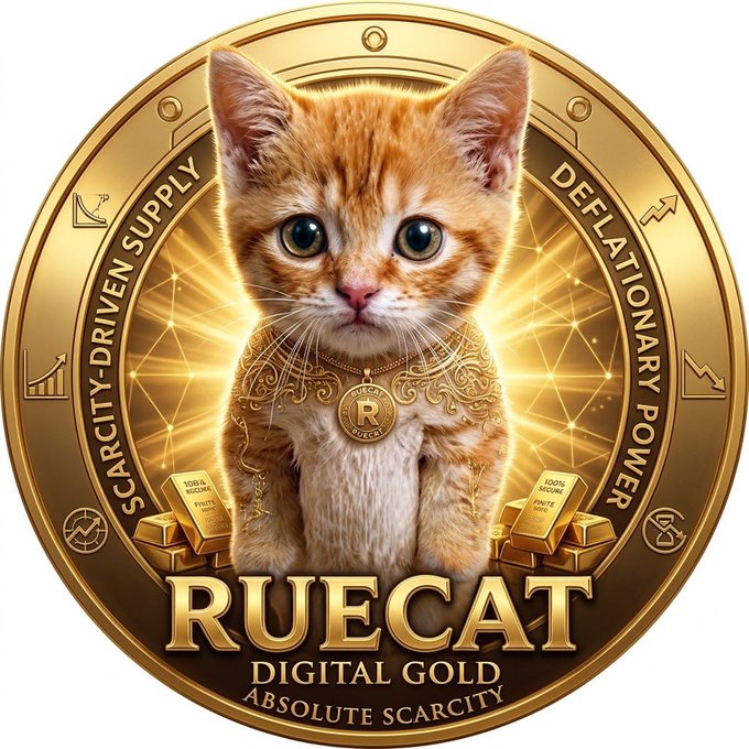 A digital gold coin-style emblem features an orange tabby kitten wearing a gold necklace with 'RUECAT' pendant, surrounded by text including 'SCARCITY-DRIVEN SUPPLY', 'DEFLATIONARY POWER', and 'RUECAT DIGITAL GOLD - ABSOLUTE SCARCITY'.