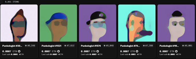 A gallery of NFT digital art pieces featuring stylized faces with sunglasses and hats, listed as 'Punkologist' items with prices in ETH.