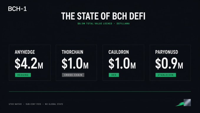 A presentation slide titled 'THE STATE OF BCH DEFI' shows $8.5M total value locked, broken down by AnyHedge ($4.2M Hedging), Thorchain ($1.0M Cross-Chain), Cauldron ($1.0M DEX), and ParyonUSD ($0.9M Stablecoin).