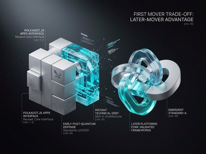 The image, titled "First Mover Trade-Off: Later-Mover Advantage," visually illustrates the debate over early adoption in quantum security by depicting a cube-like structure alongside interlocking rings, labeled with terms like "Polkadot.js Apps Interface (Reused Core Interface)," "Early Post-Quantum Defense Standards Locked," and "Later Platforms Fork Validated Frameworks," referencing @quipnetwork and Polkadot.js (cite: 1, 2). The graphic reinforces the post's argument that locking in quantum defense standards too early may hinder innovation, allowing later entrants to benefit from validated frameworks rather than being constrained by premature choices.